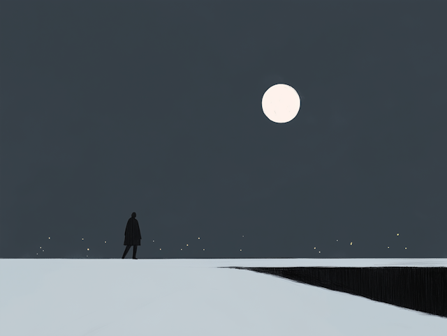 Solitary Figure in Snowy Night Landscape