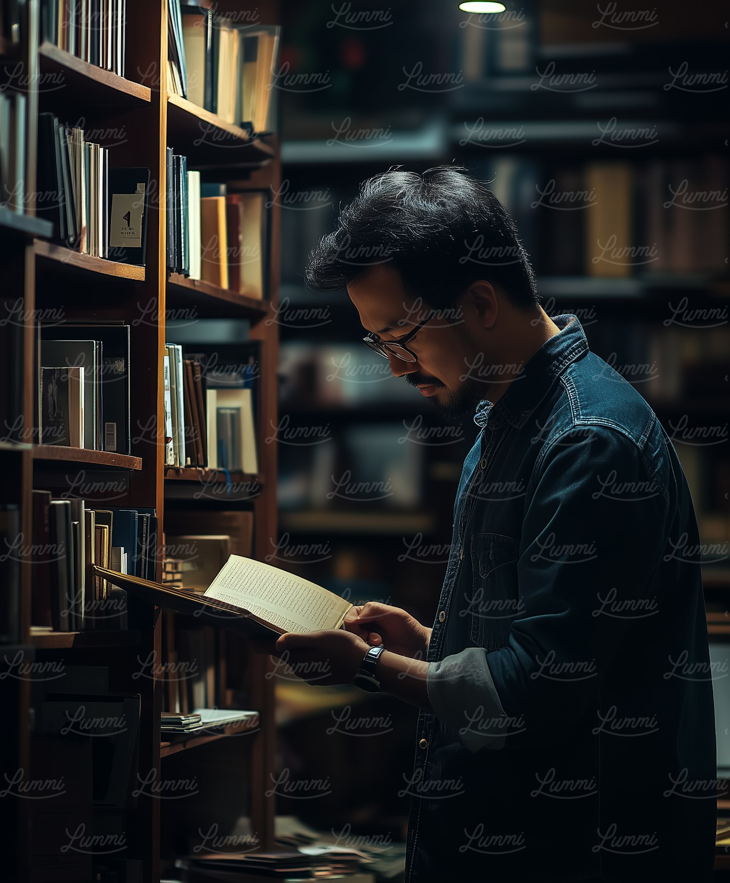 Man Reading in Dimly Lit Library