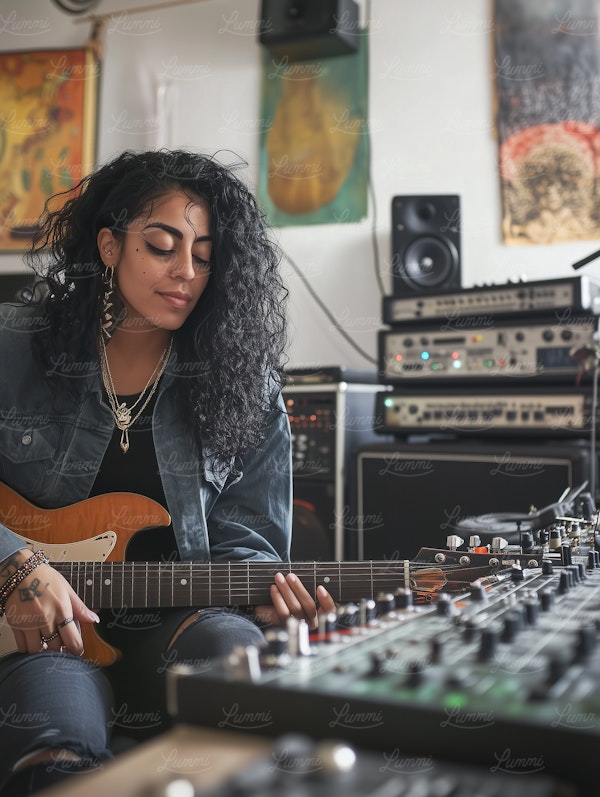 Woman Playing Electric Guitar in Recording Studio