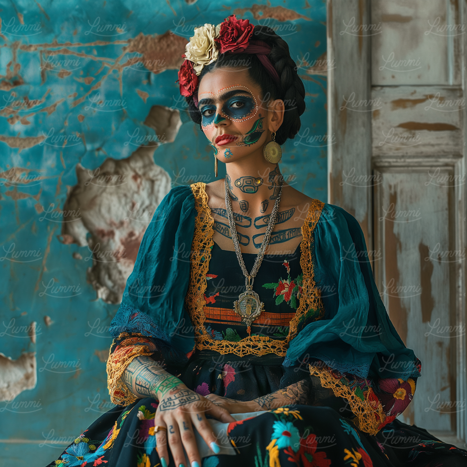 Traditional Mexican Attire and Makeup with World Map Backdrop