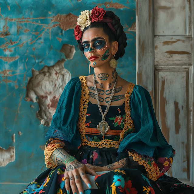 Traditional Mexican Attire and Makeup with World Map Backdrop