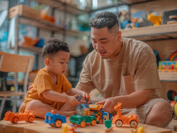 Father and Child Playing with Building Blocks