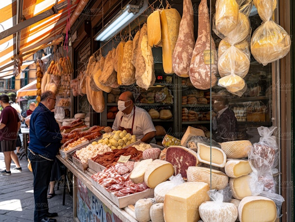 Bustling Market Scene with Cured Meats and Cheeses