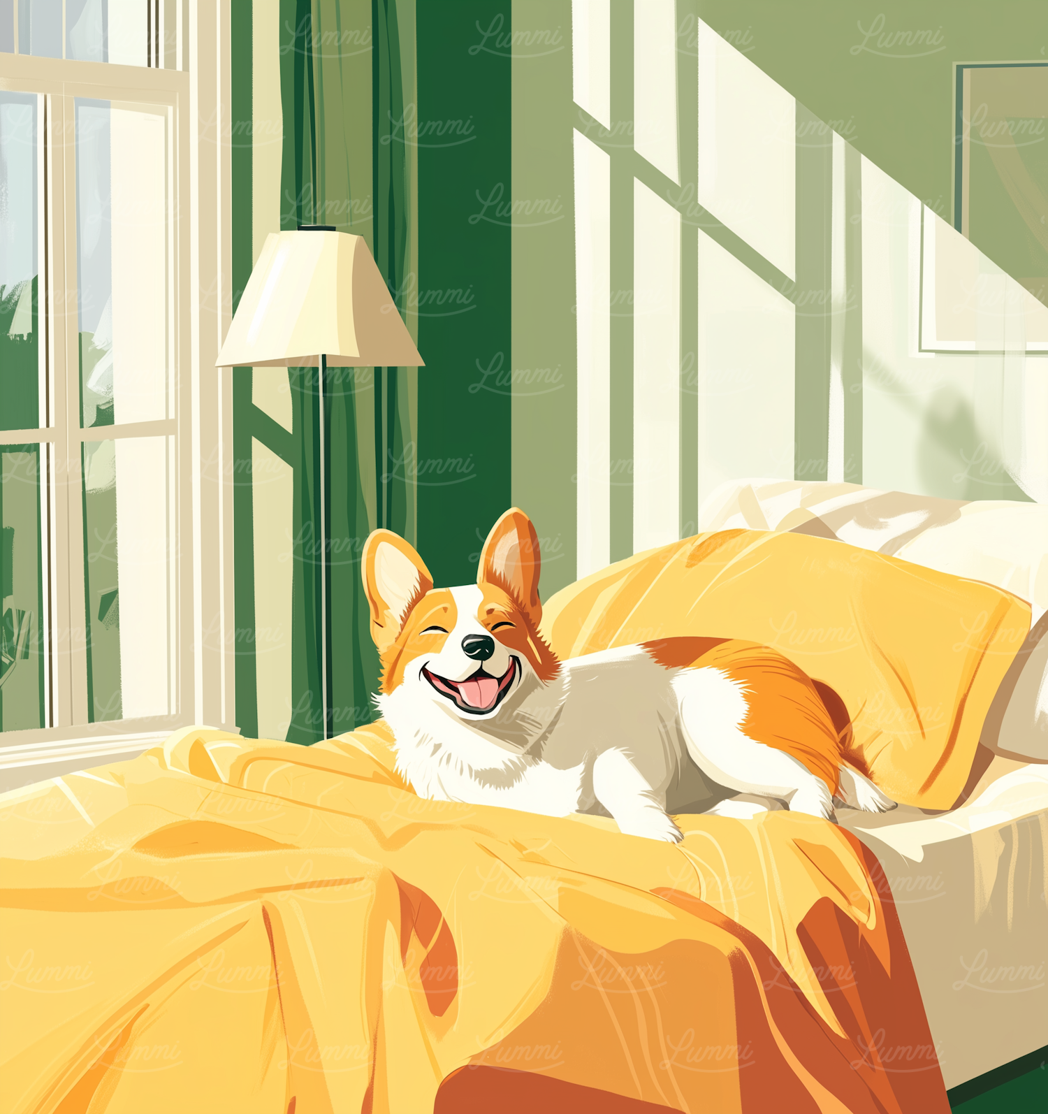 Serene Morning with Joyful Corgi