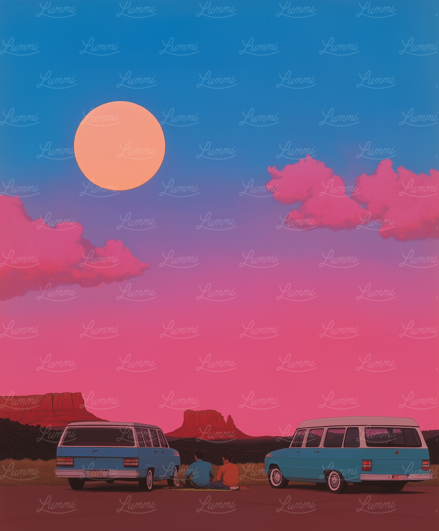 Desert Dusk with Vintage Vehicles