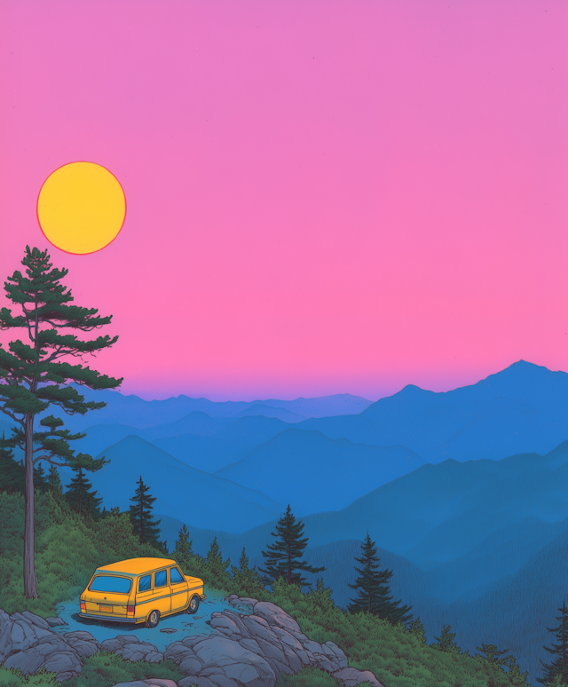 Serene Landscape with Yellow Car