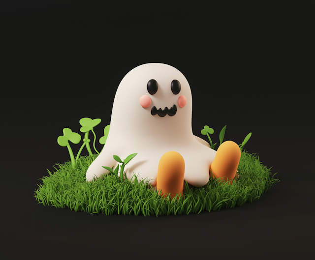 Cute Cartoonish Ghost on Grass