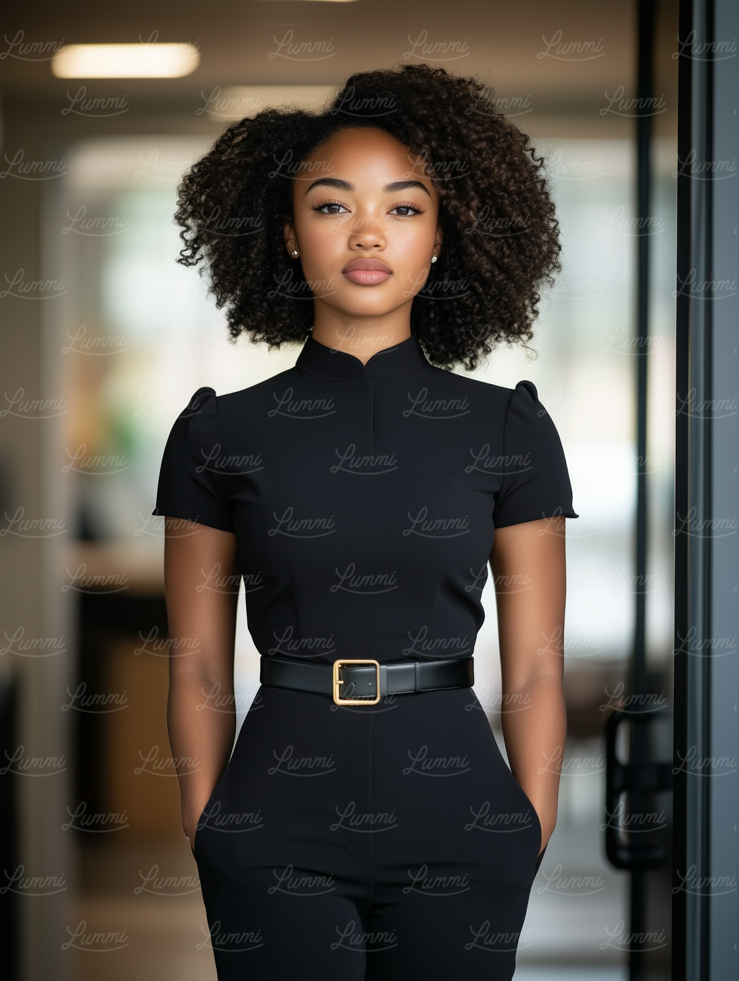 Confident Young Woman in Black Outfit