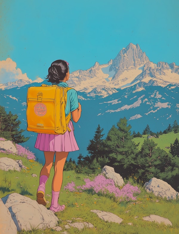 Girl in Vibrant Mountainous Landscape