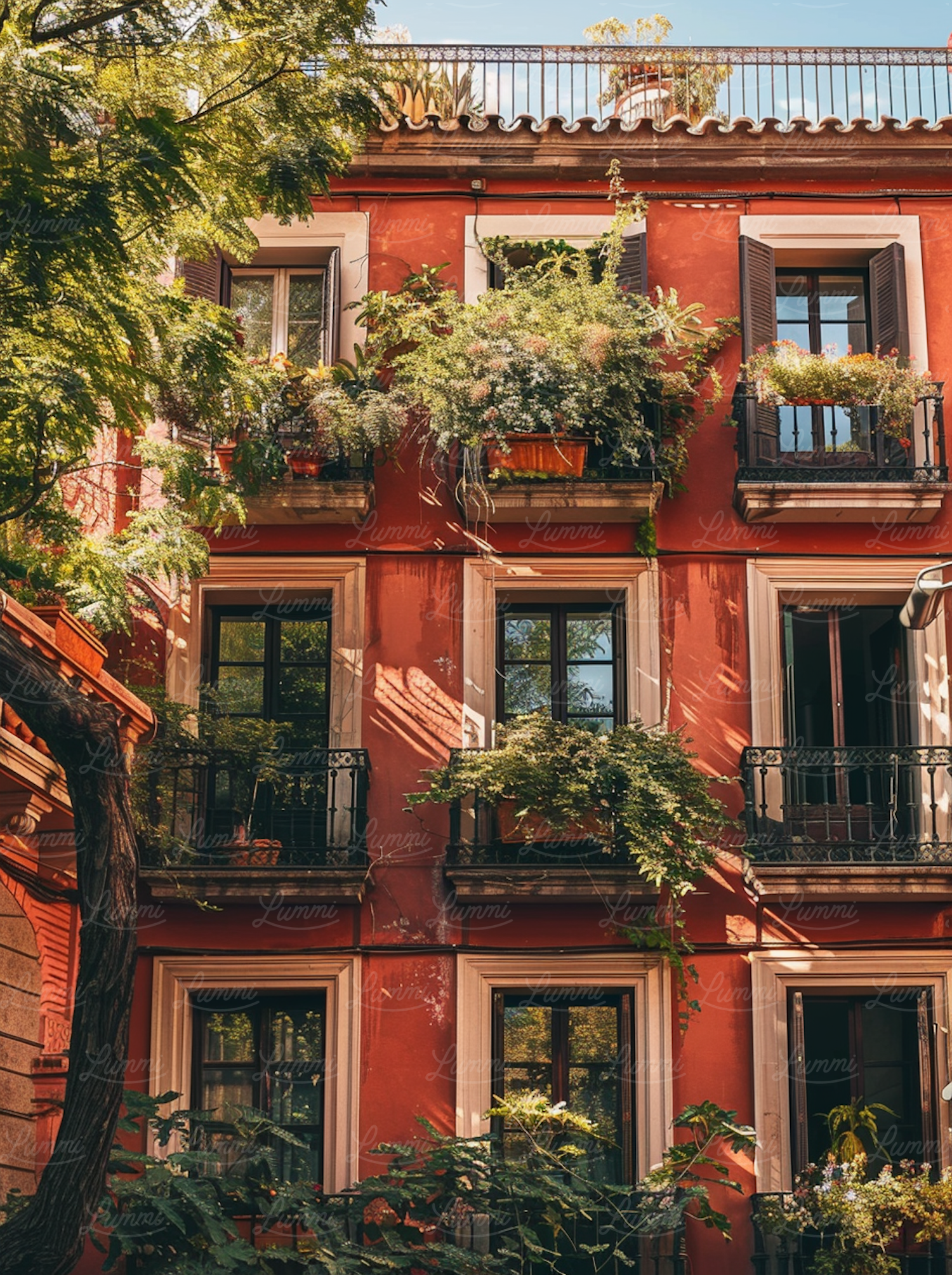 Warm Sunlit Building with Greenery