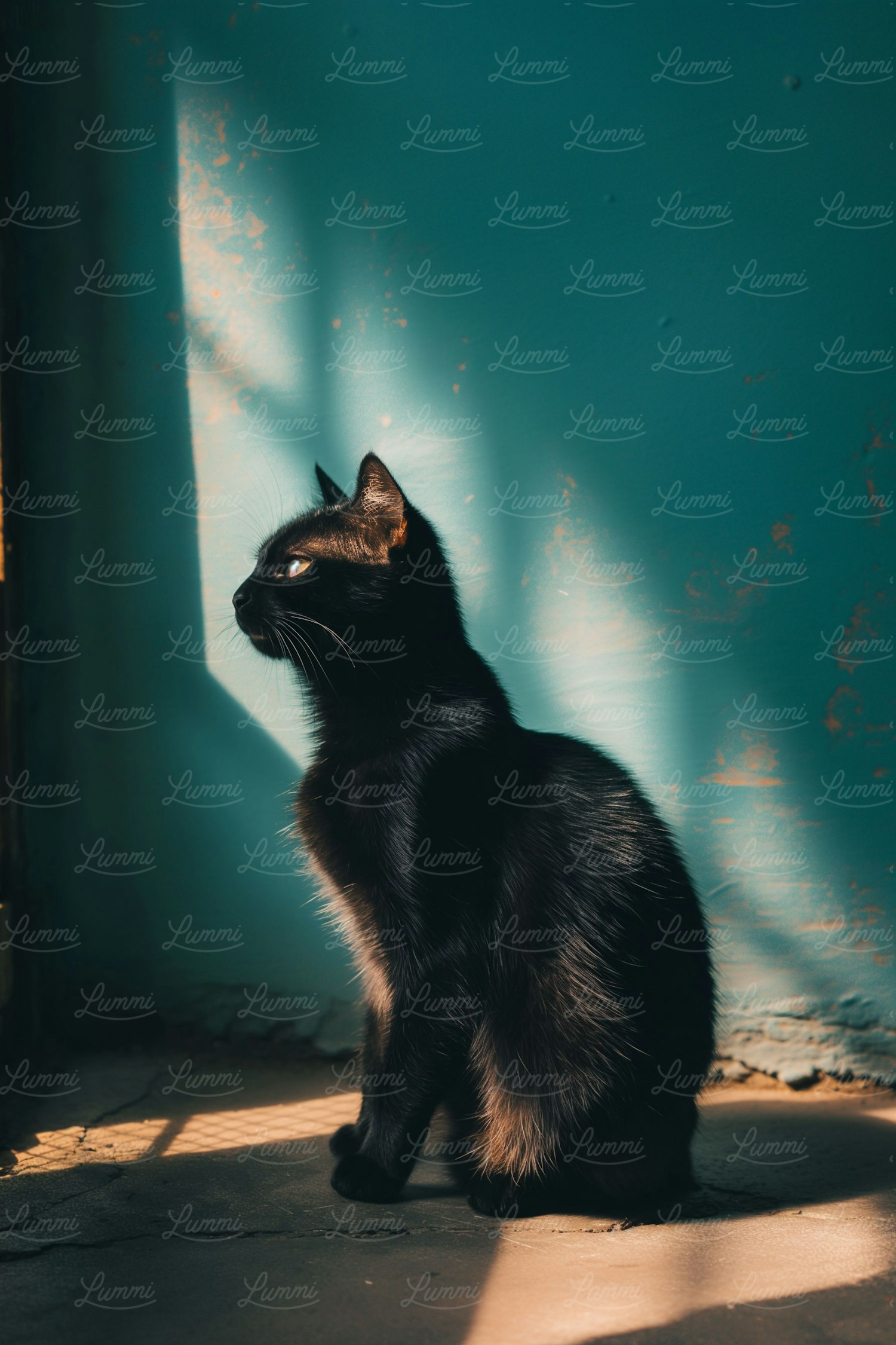 Contemplative Black Cat Against Turquoise Wall