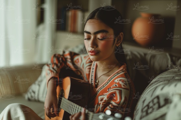 Young Woman Playing Acoustic Guitar Indoors