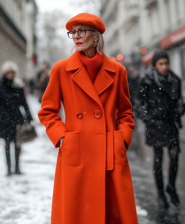 Woman in Bright Orange Coat in Snowy Urban Environment