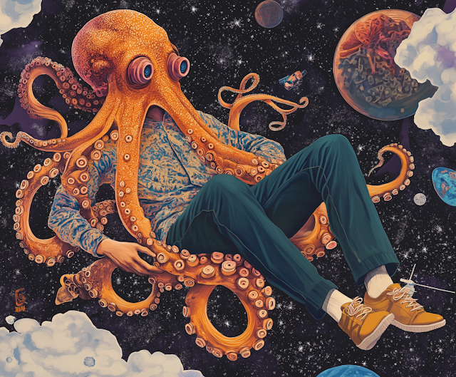 Surreal Octopus-Headed Figure in Space