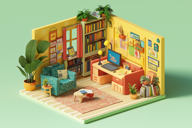 Vibrant 3D Illustrative Study Room