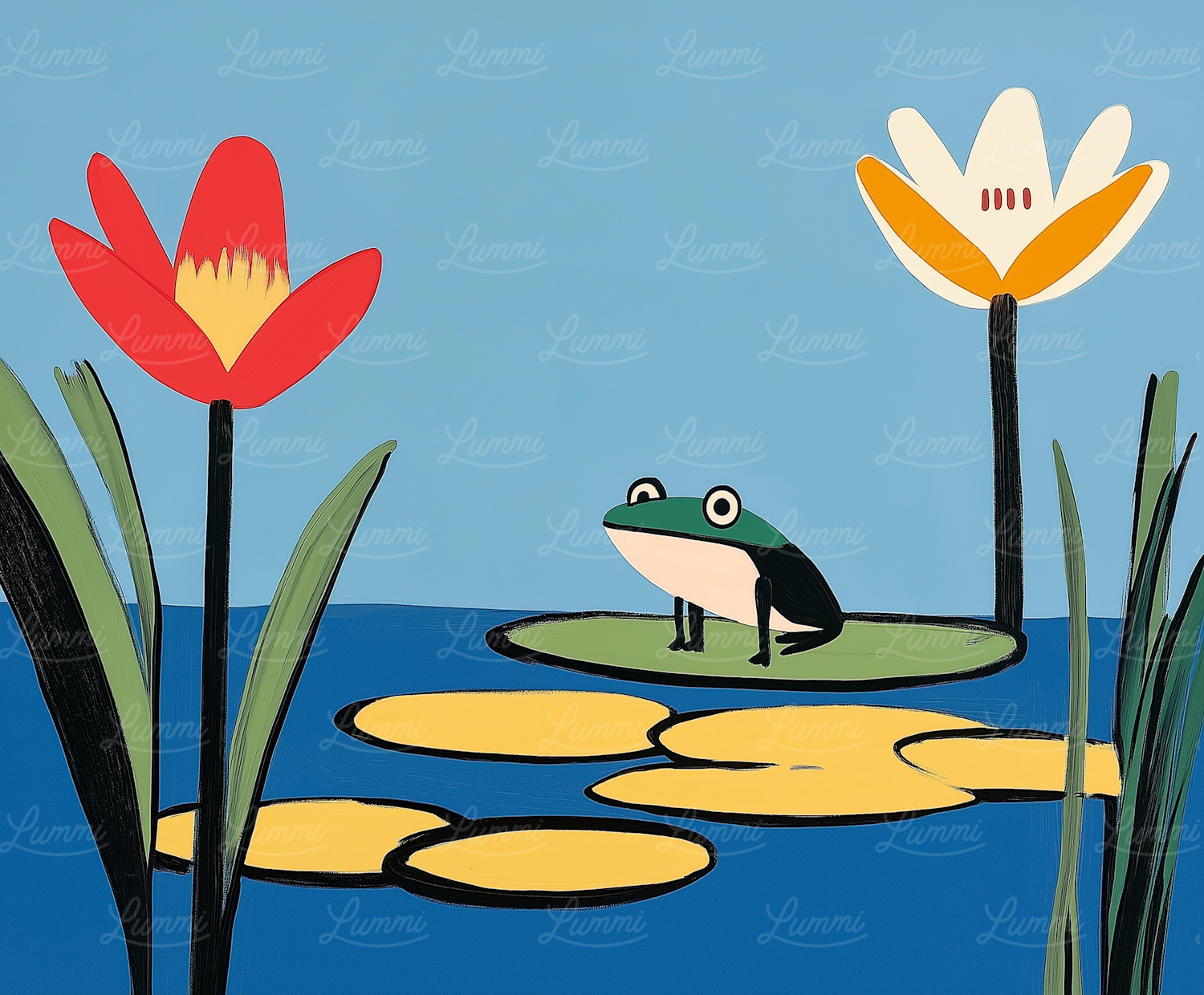 Serene Pond with Cartoon Frog