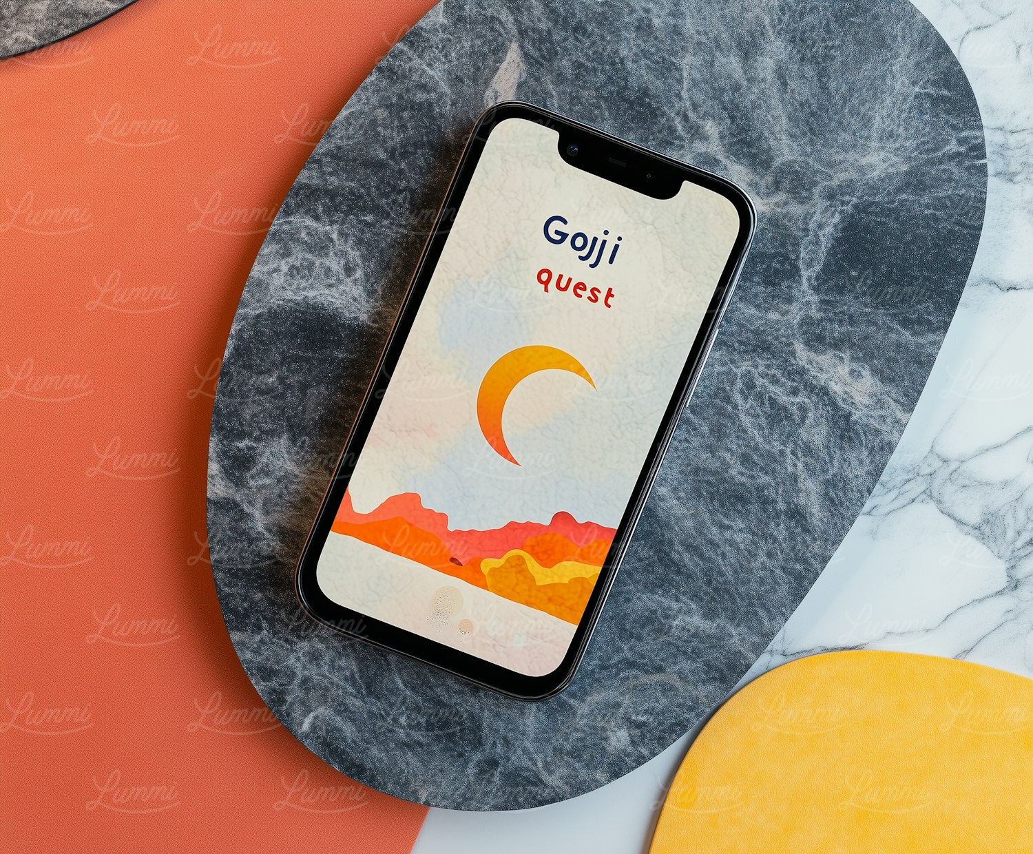 Smartphone on Marble with Goji Quest Graphic