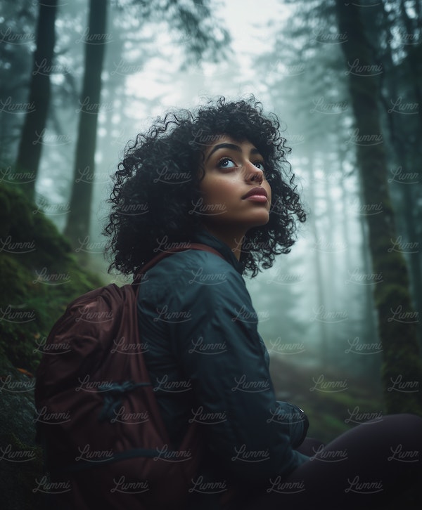 Contemplative Woman in Misty Forest