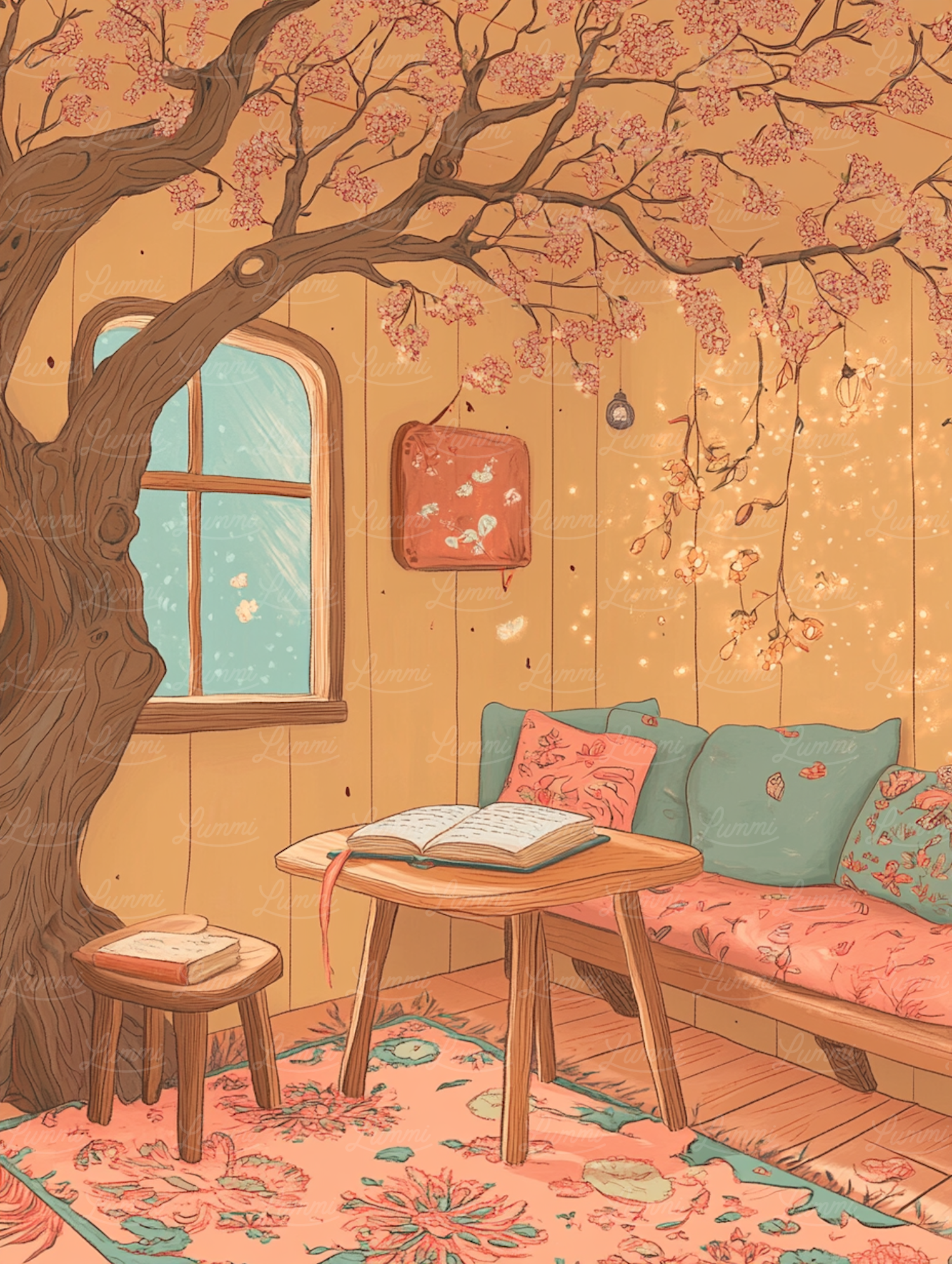 Whimsical Interior with Blossoming Tree