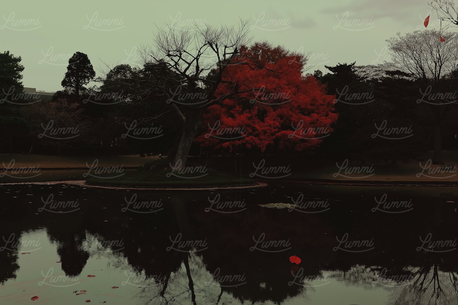 Serene Landscape with Red Foliage