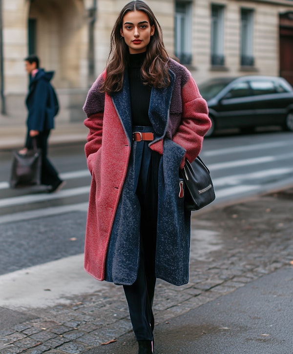 Woman in Stylish Oversized Coat on City Street