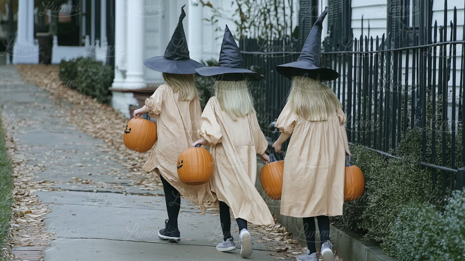 Children Trick-or-Treating in Witch Costumes