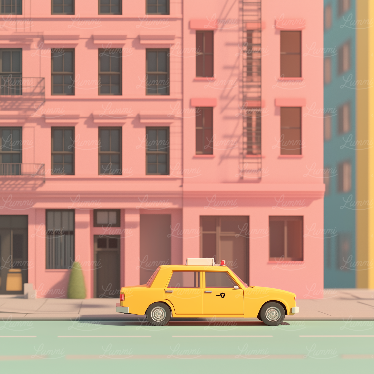 Stylized Vibrant Street Scene with Taxi