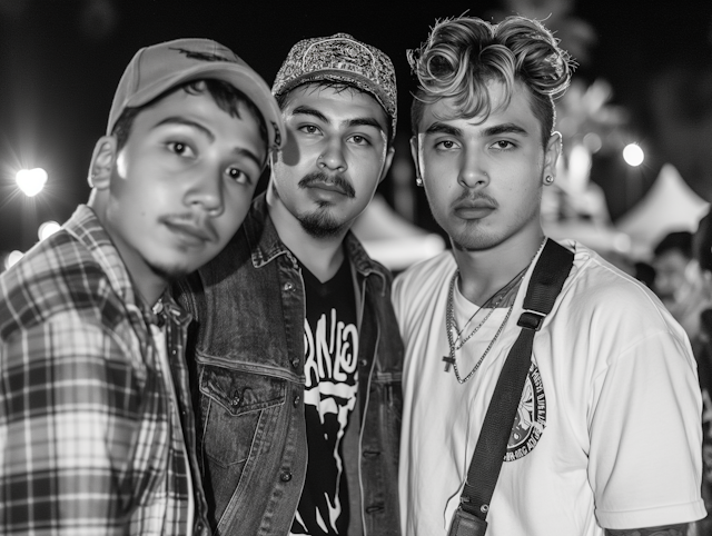 Portrait of Three Young Men at a Nighttime Event