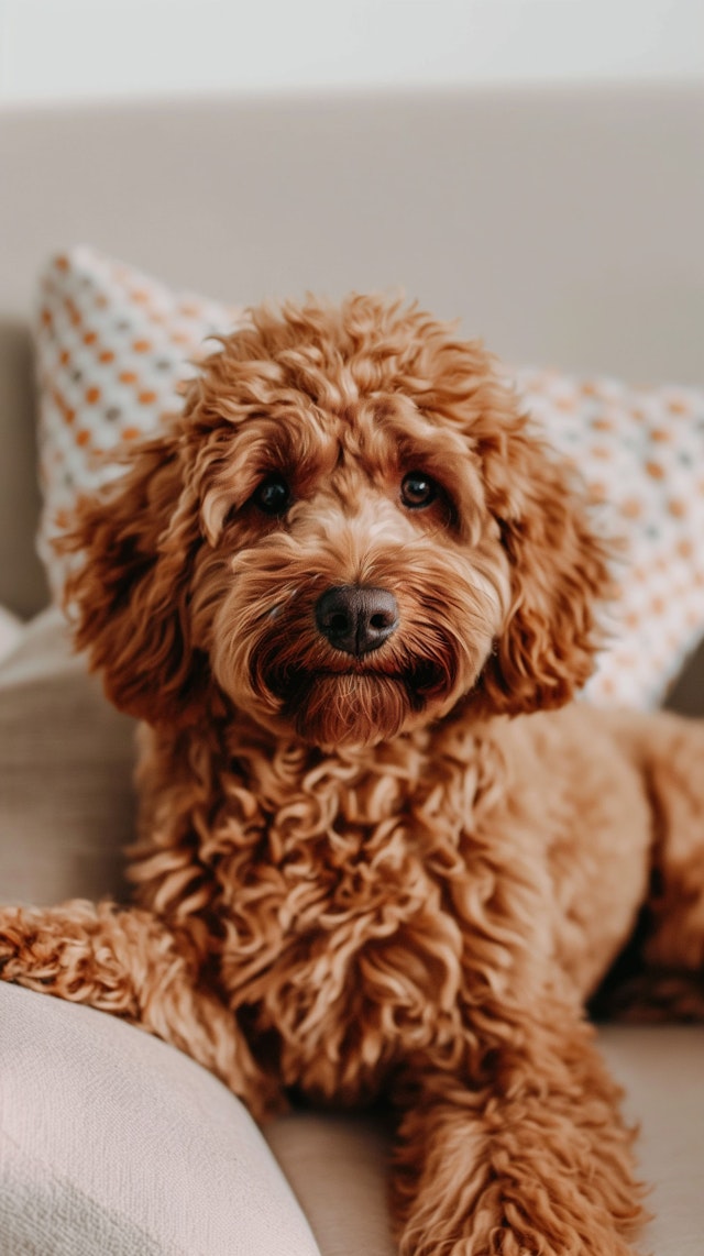 Curly-Furred Golden Poodle on Couch