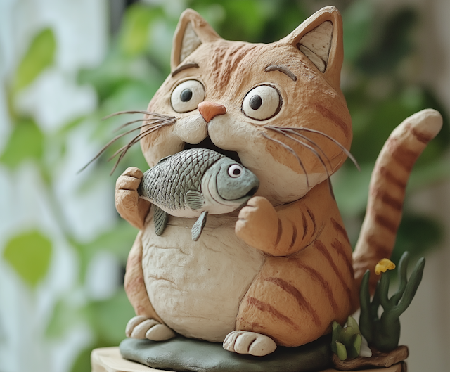 Whimsical Cat and Fish Sculpture