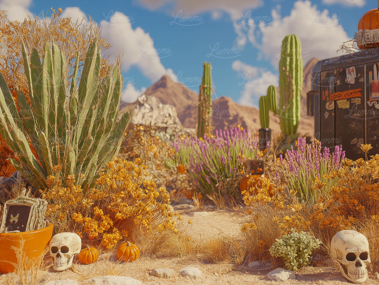 Vibrant Desert Scene with Cacti and Festive Elements