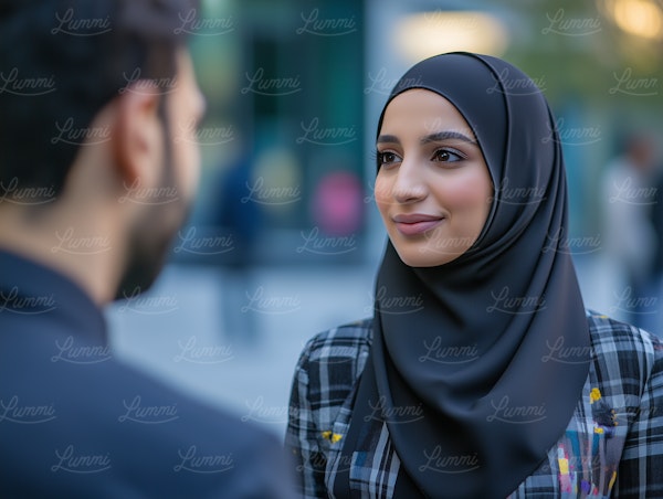 Woman in Black Hijab and Plaid Jacket