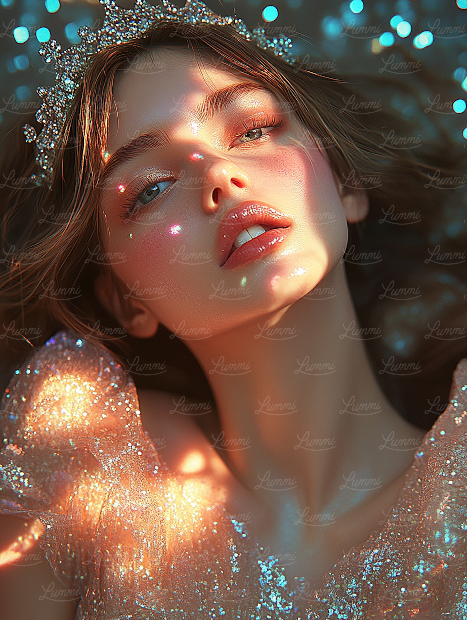 Dreamy Young Woman in Sparkling Dress