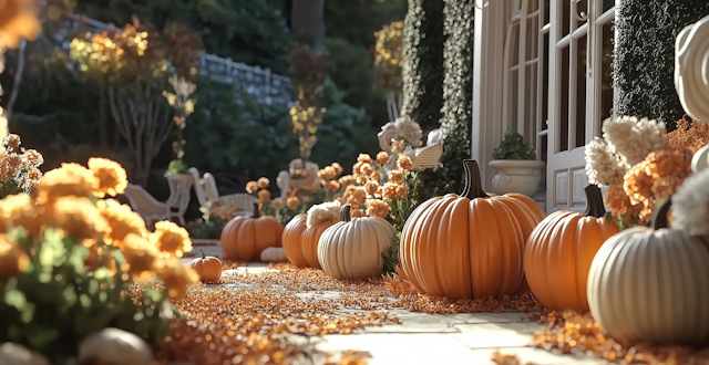 Autumnal Scene with Pumpkins and Flowers