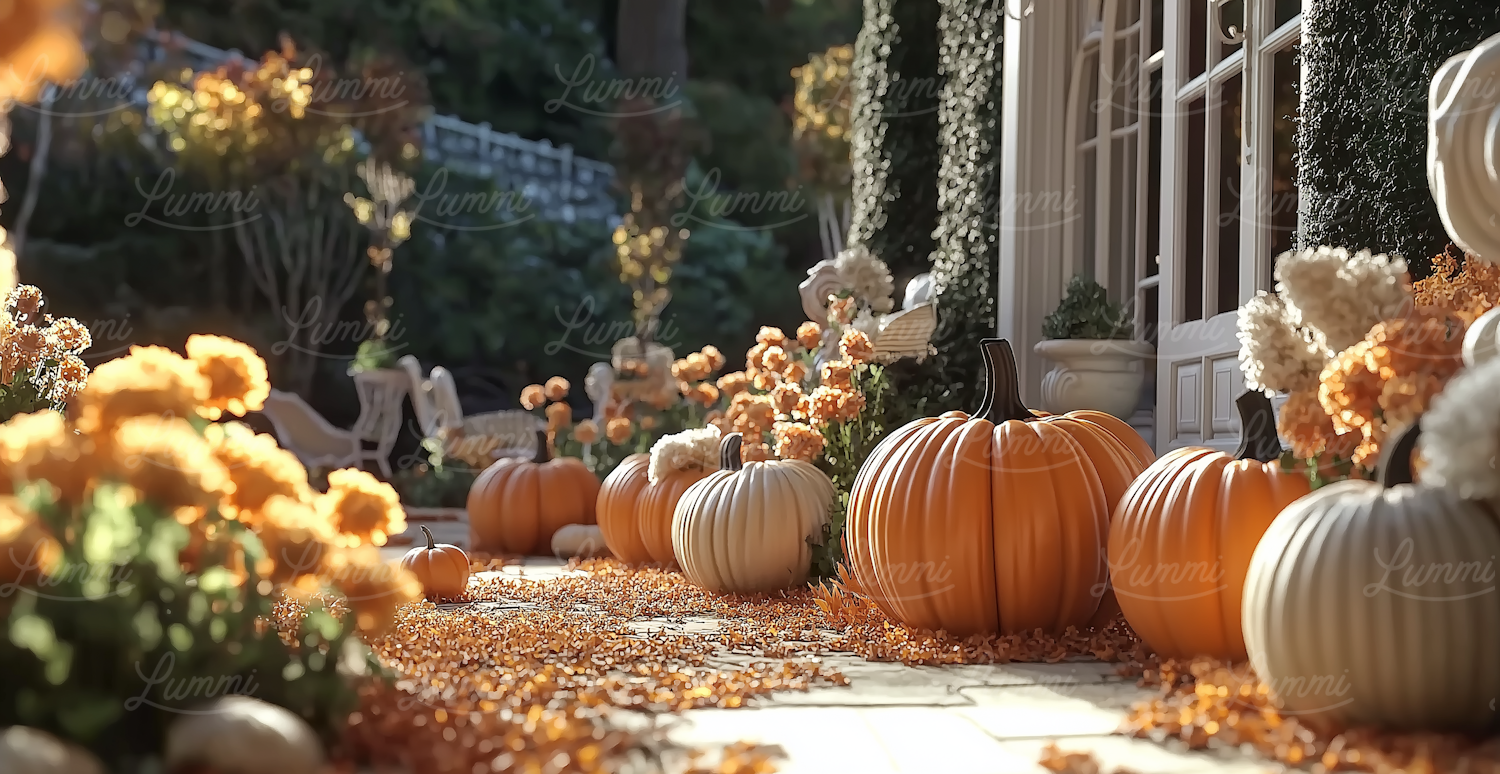 Autumnal Scene with Pumpkins and Flowers