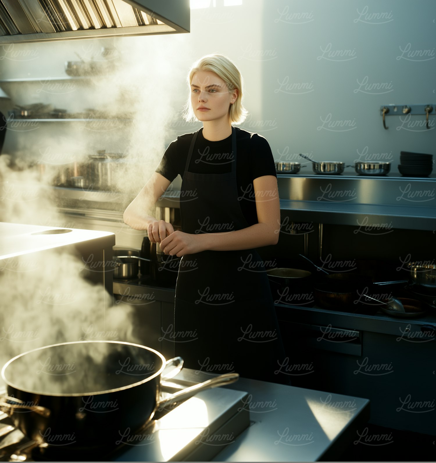 Young Woman Cooking in Professional Kitchen