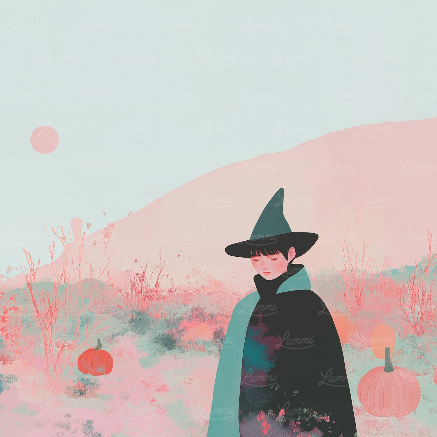 Serene Witch in Pastel Landscape