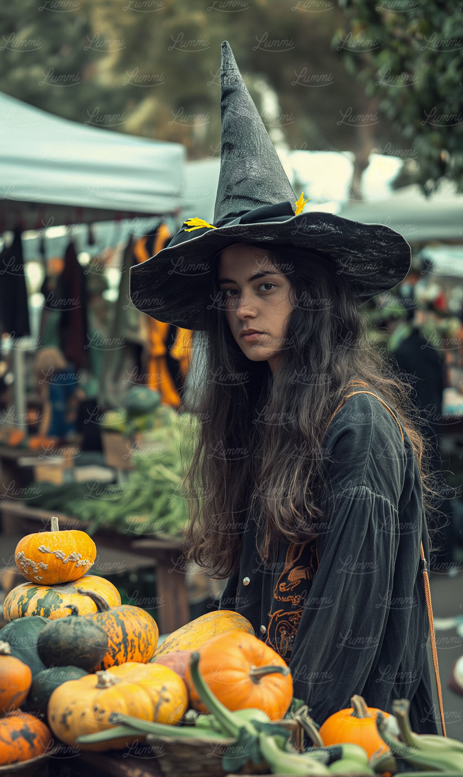 Autumn Farmer's Market with Woman in Witch's Hat