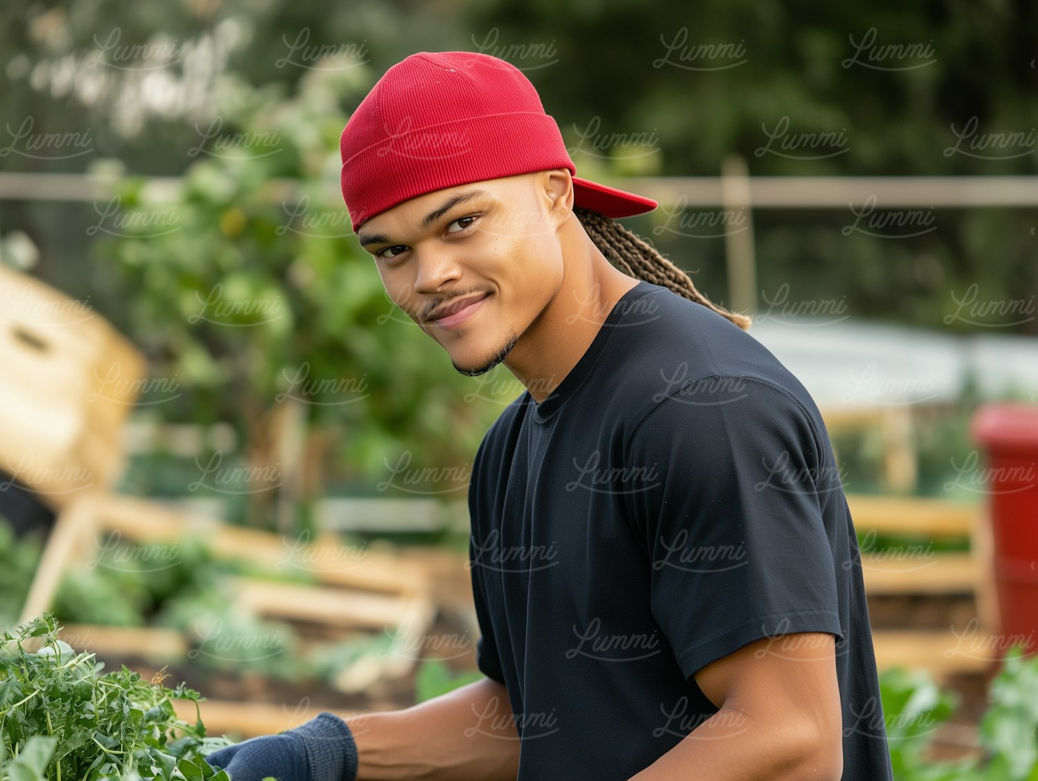 Young Man in Garden with Red Cap