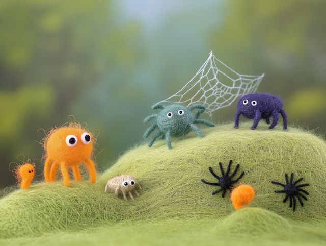 Colorful Felted Spiders on Grass