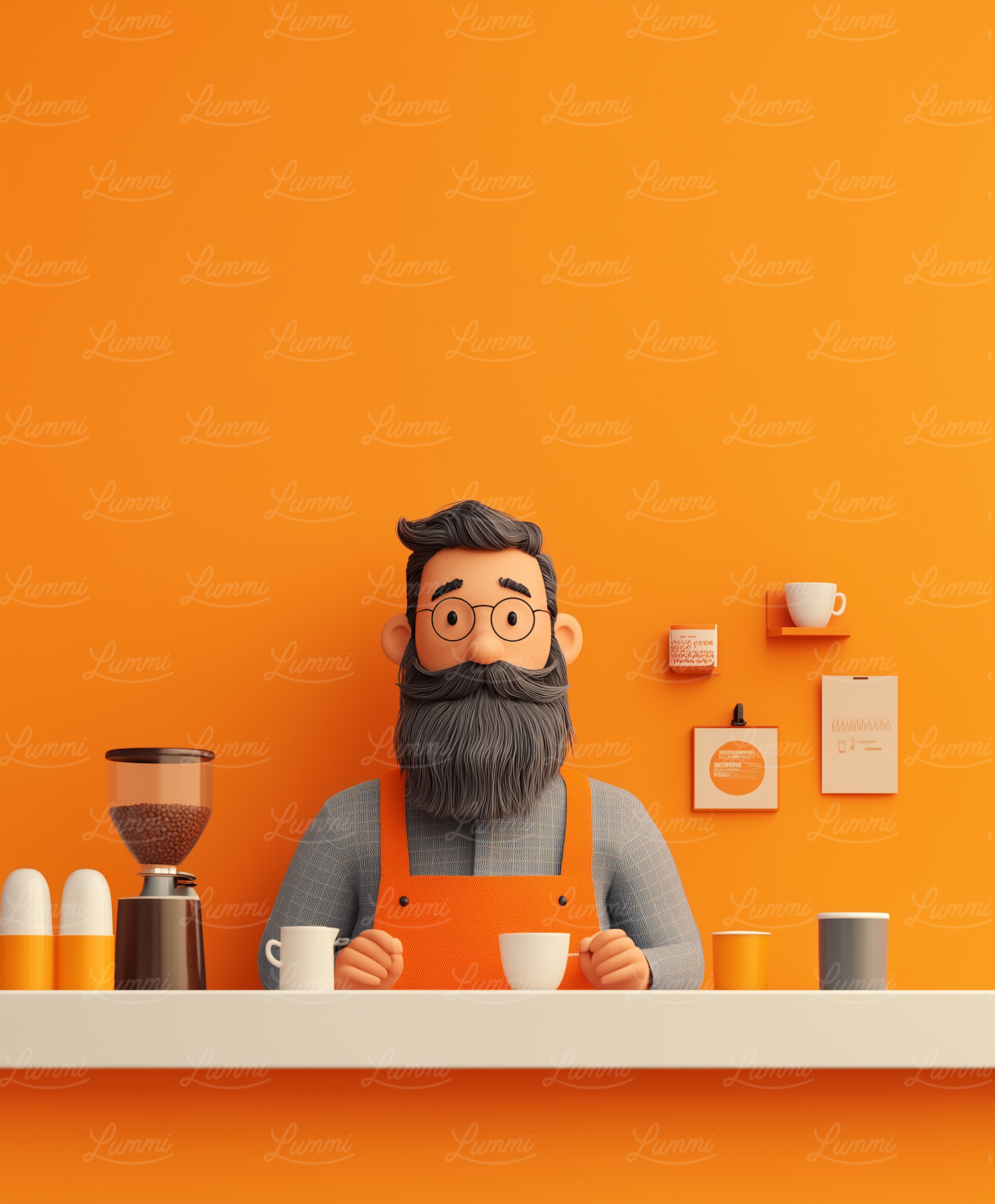 Stylized Illustration of a Friendly Elderly Man in a Cafe