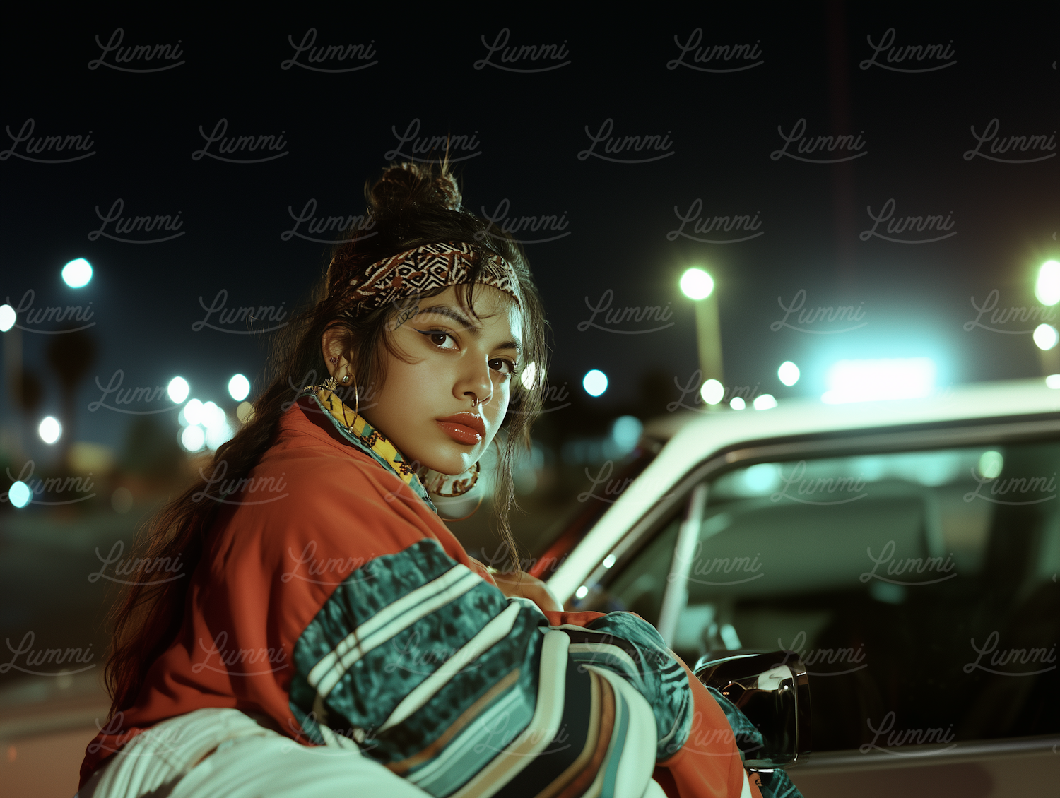 Contemplative Woman Leaning Against Car at Night