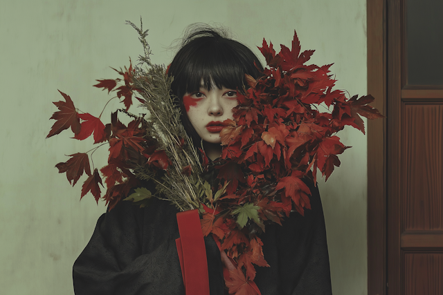 Dramatic Portrait with Red Leaves