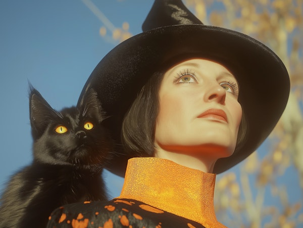 Woman with Black Cat in Autumn