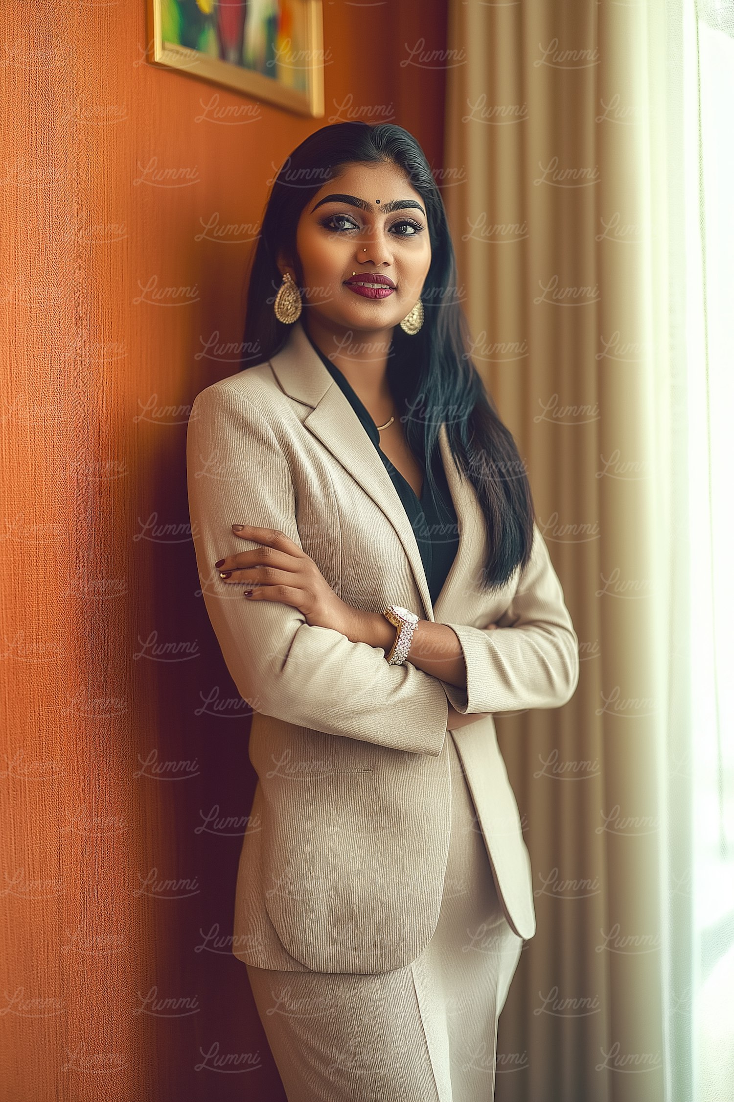 Confident Woman in Beige Suit