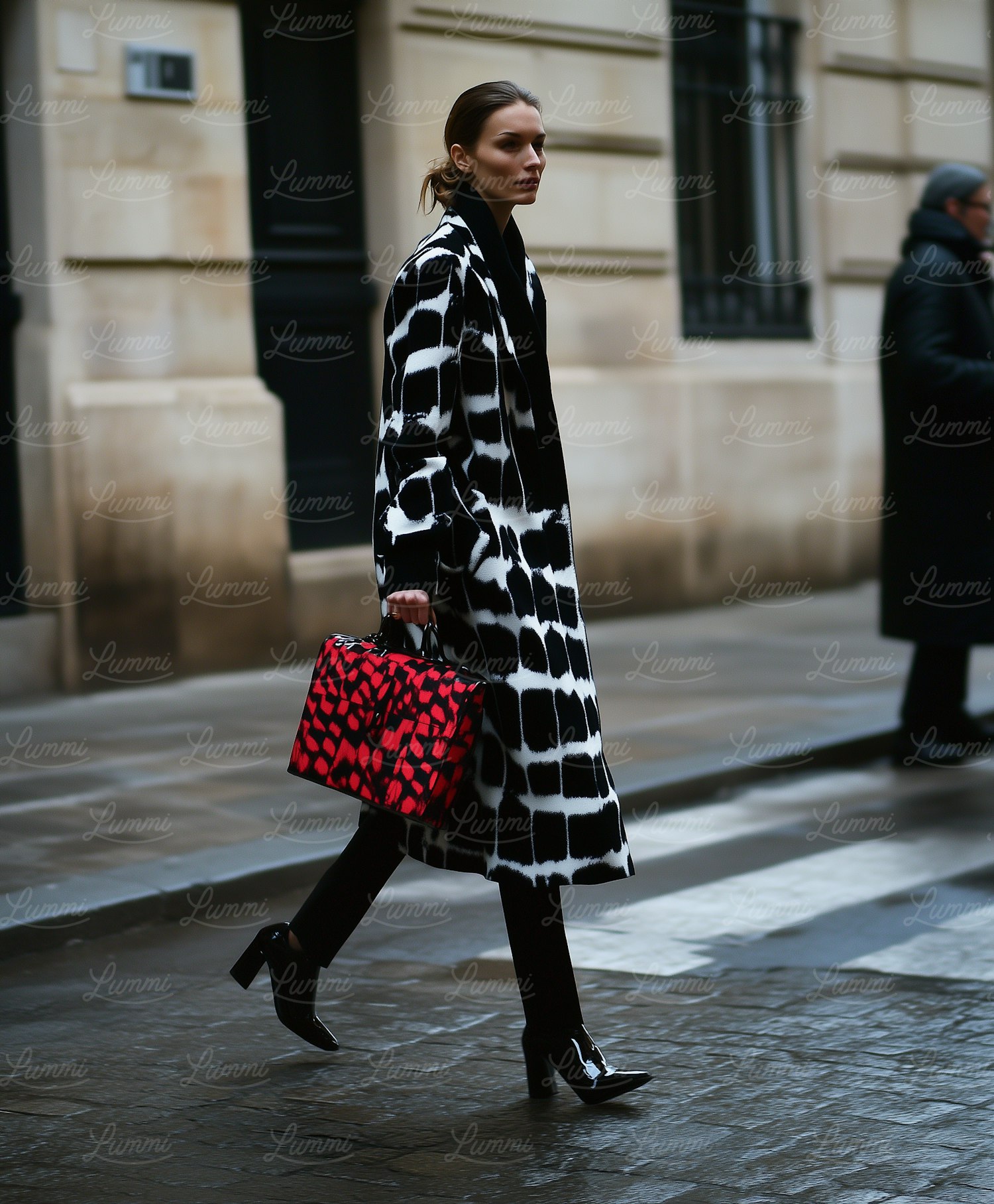 Woman in Stylish Black and White Coat