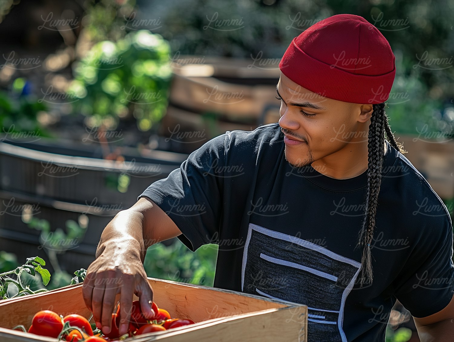 Young Man Harvesting Tomatoes