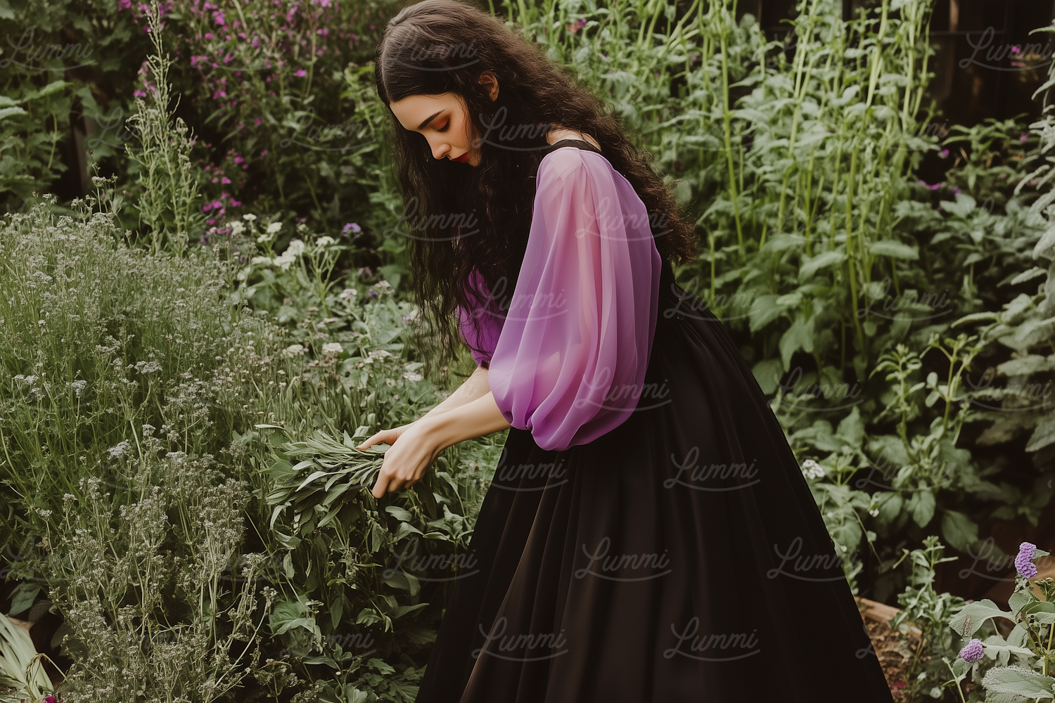 Woman in Garden Gathering Herbs