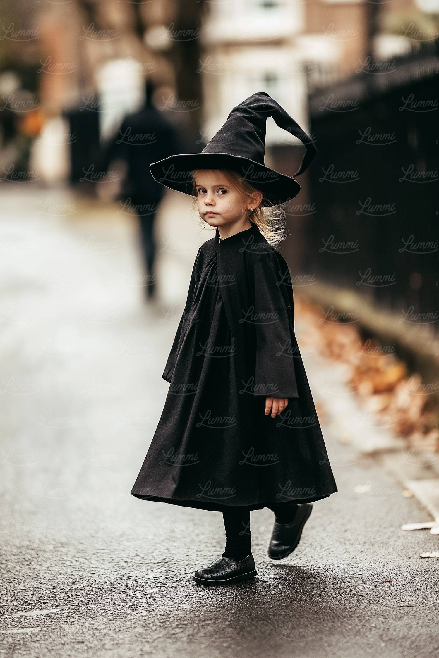 Young Girl in Witch Costume on Wet Street