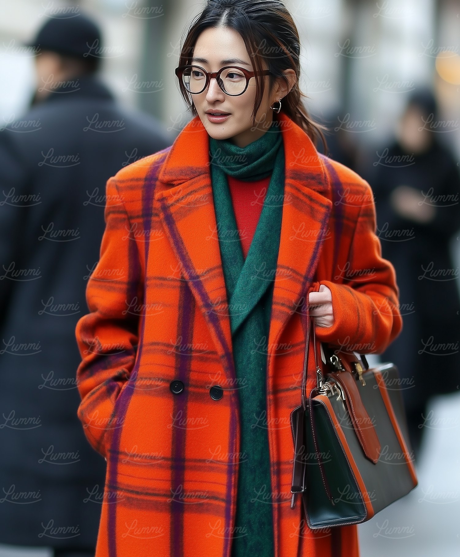 Woman in Vibrant Orange Plaid Coat